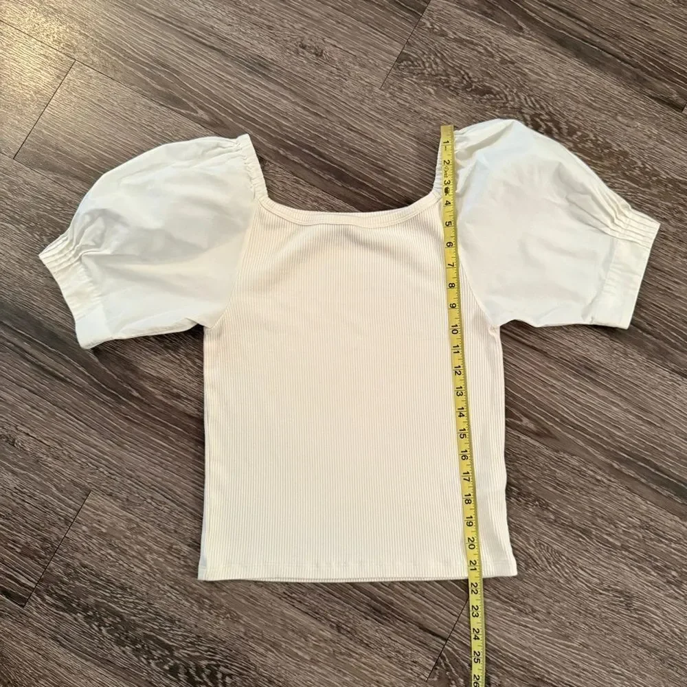 J. Crew Vintage rib top with cotton poplin puff sleeves